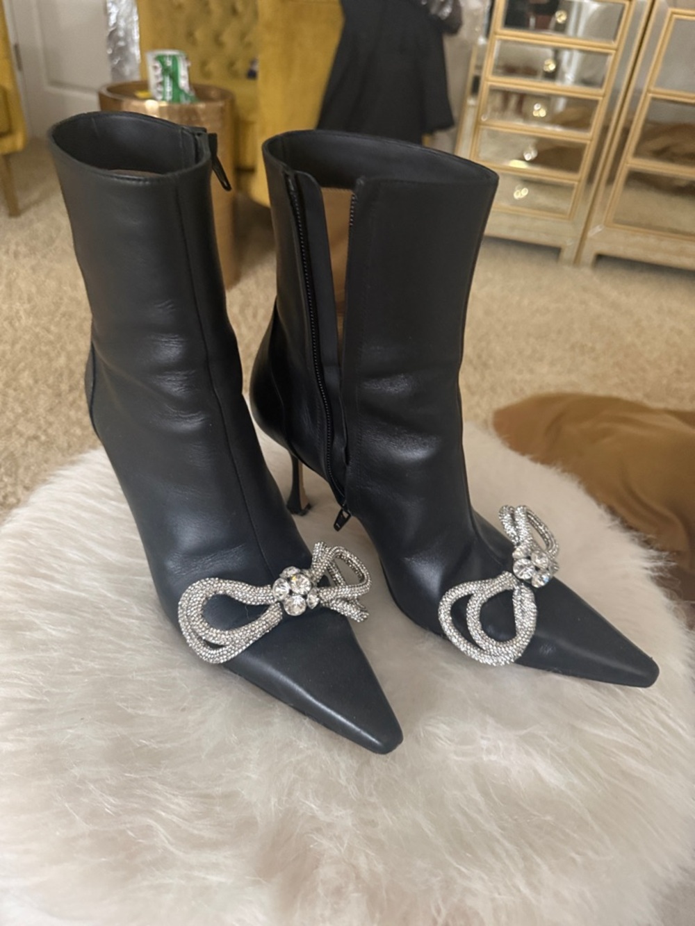 MACH & MACH Black Pointed Toe Ankle Boots with Crystal Bow Accents - Picture 4 of 5